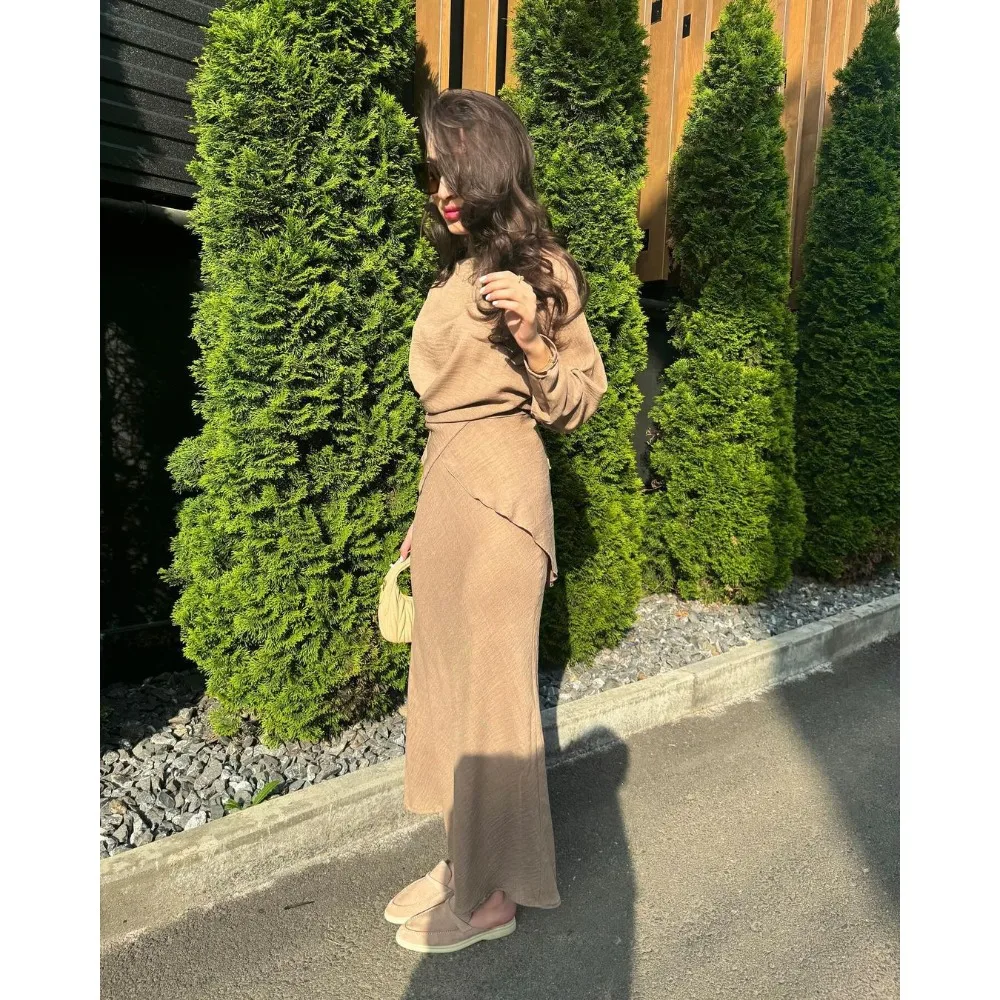 New Slim Shirt Long Skirt 2 Piece Set Fashion Long Sleeve Top & High Waist Dresses Office Casual Commuter Women's Clothing 2025