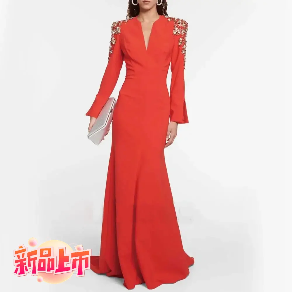 

Pandora Luxurious crystal beaded V-neck formal evening dress, long sleeve floor-length ball dress, women's wedding party gown