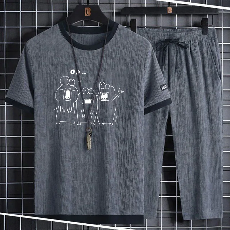 

New 2025 Men's Summer Ice Silk Casual Set Long Pants ort Sve Student Sports Sli Sport One Set Match Polyester Fiber ...