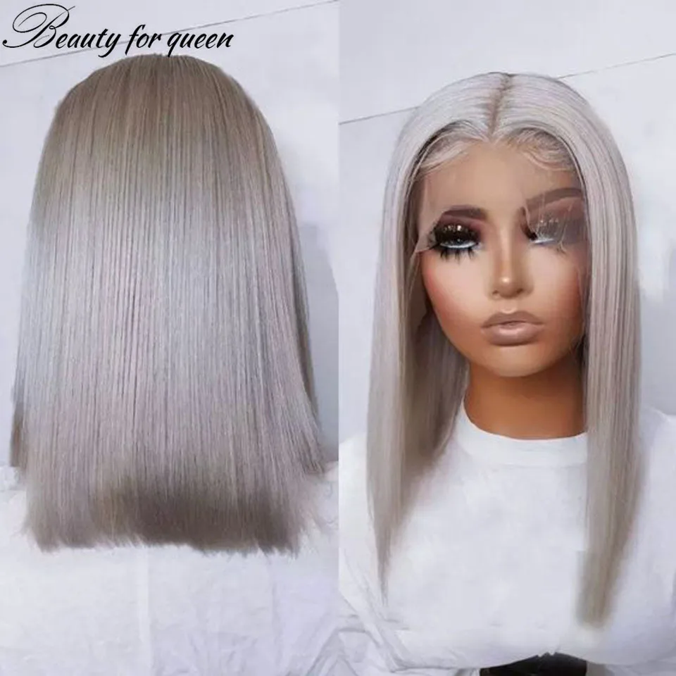 

13x4 Серый Прямой Короткий Боб Бразильский Цветной Парик Человеческих Волос Высокое Качество Прозрачные Парики Фронта Шнурка Для Женщин Предварительно Сорванные