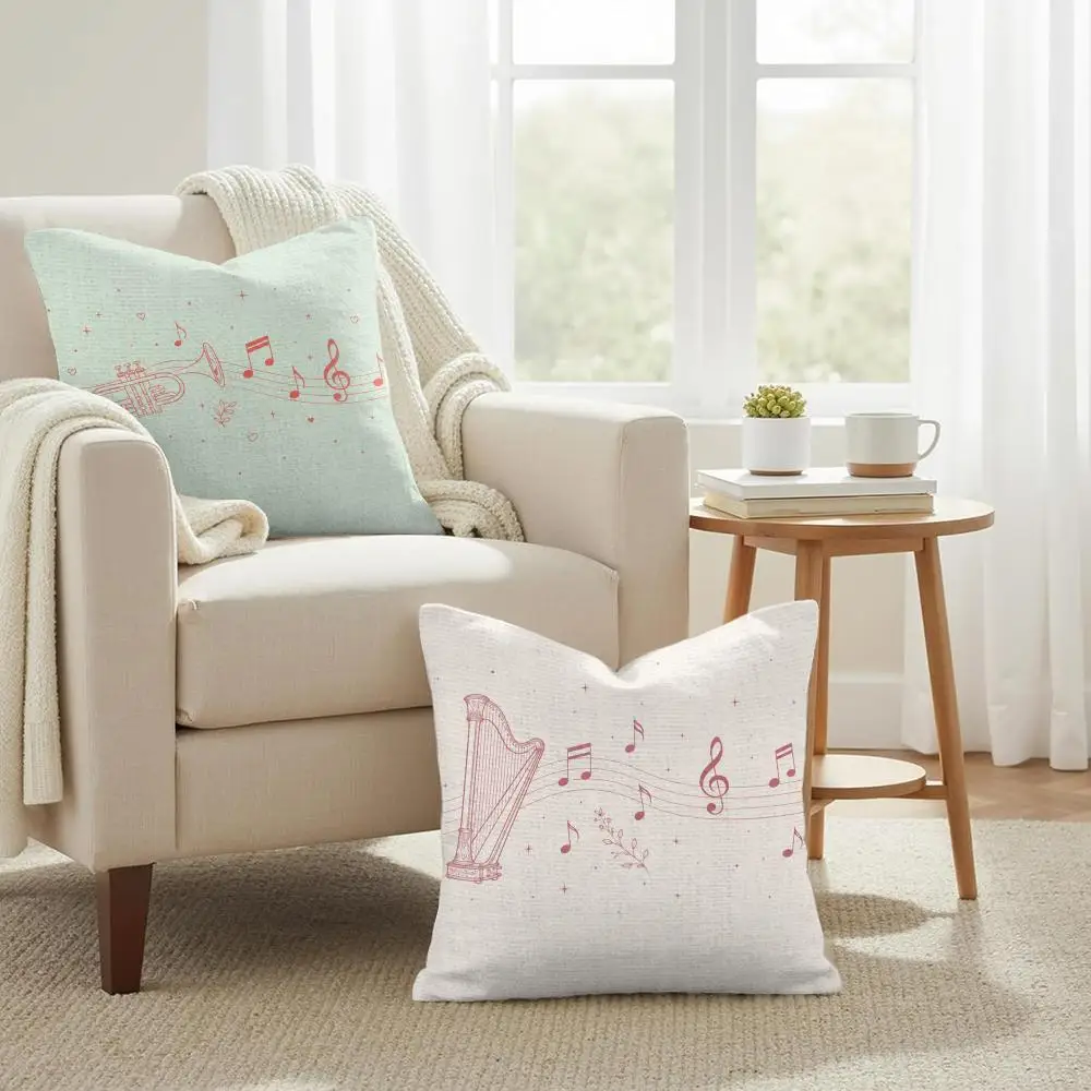 Pastel Music Notes Instrument Cushion Cover Summer Coolness Linen Organic Fabric Sofa Pillow Case Double-Sided Home Decor