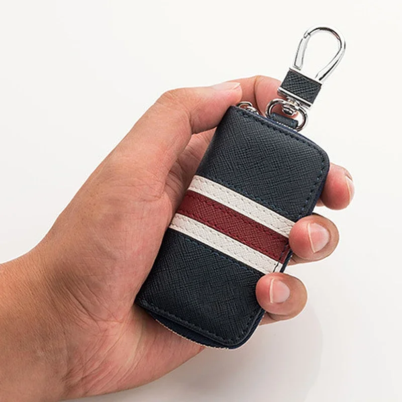 Fashion colorful stripes leather key bag universal key case for car keychain men women key wallet mini zipper purse key holder