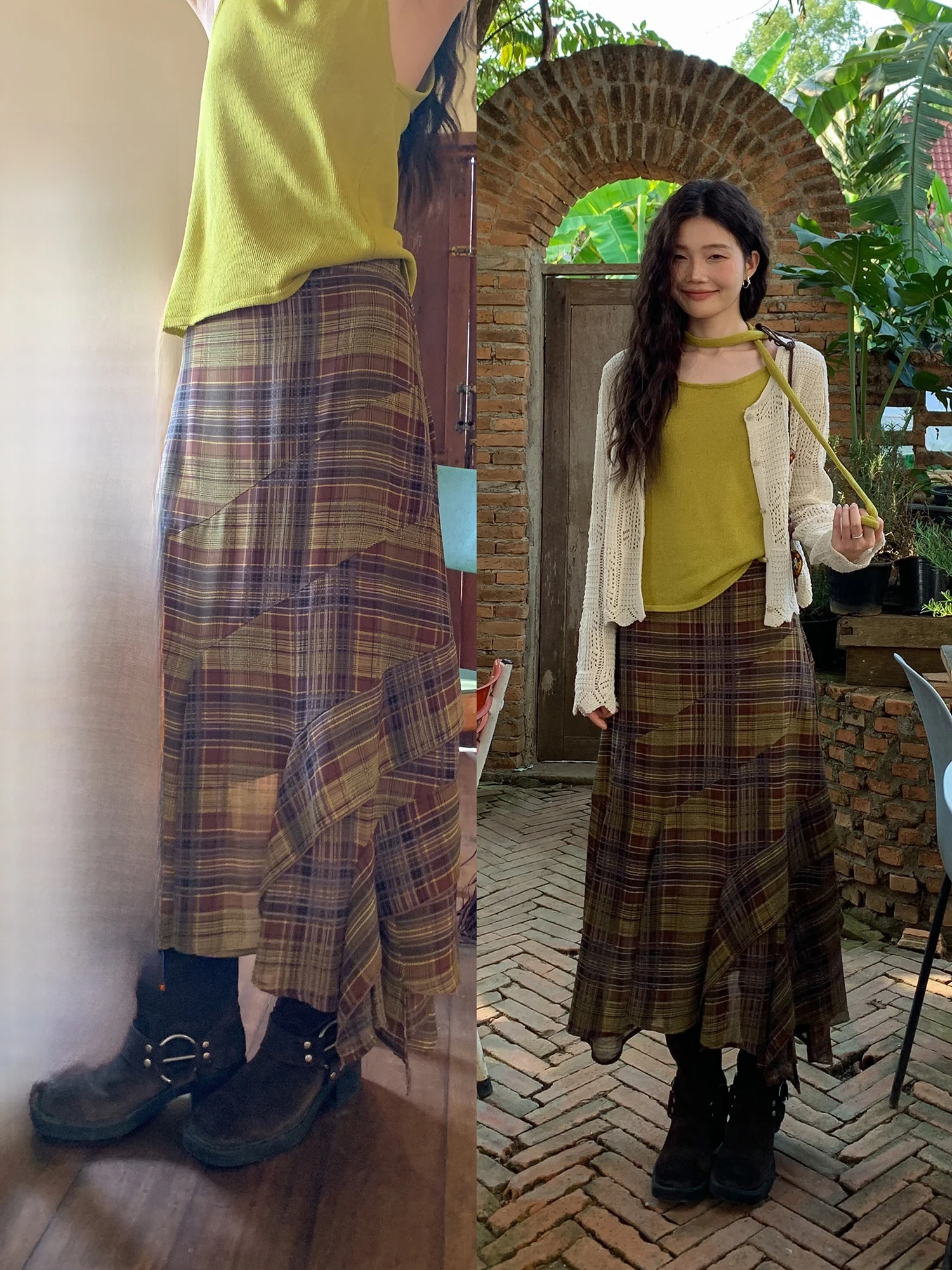 

Юбка с высокой талией в клетку, женская, летняя, 2026, новый стиль, асимметричная длинная юбка, элегантный драпированный крой, Mixd Brand