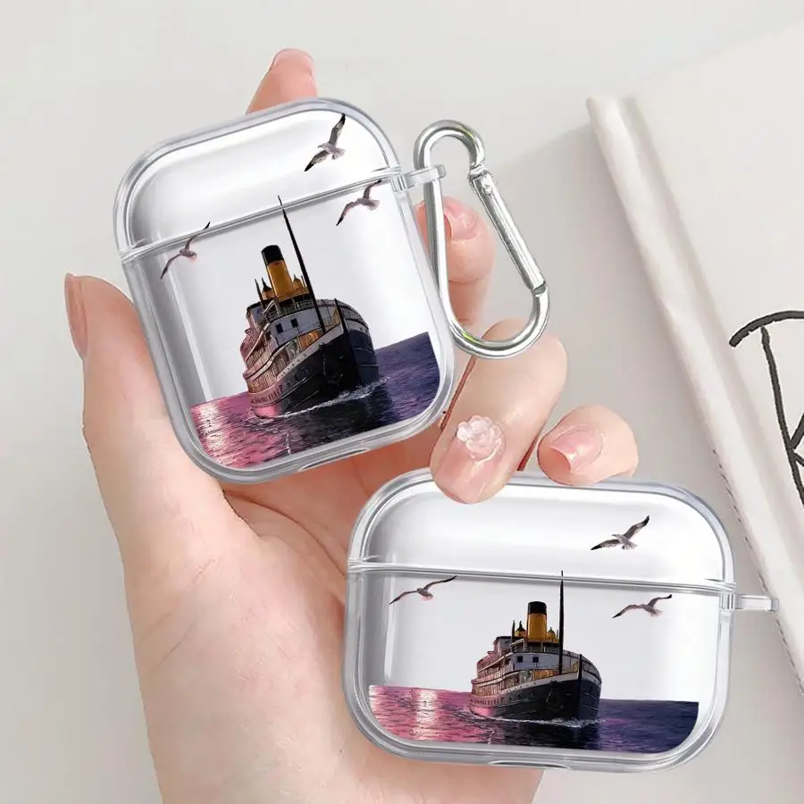 Oil Painting Lighthouse Ship Case For Airpods 1 2 Pro3 4 Pro Pro2 3 Clear Earphone Cases Cover