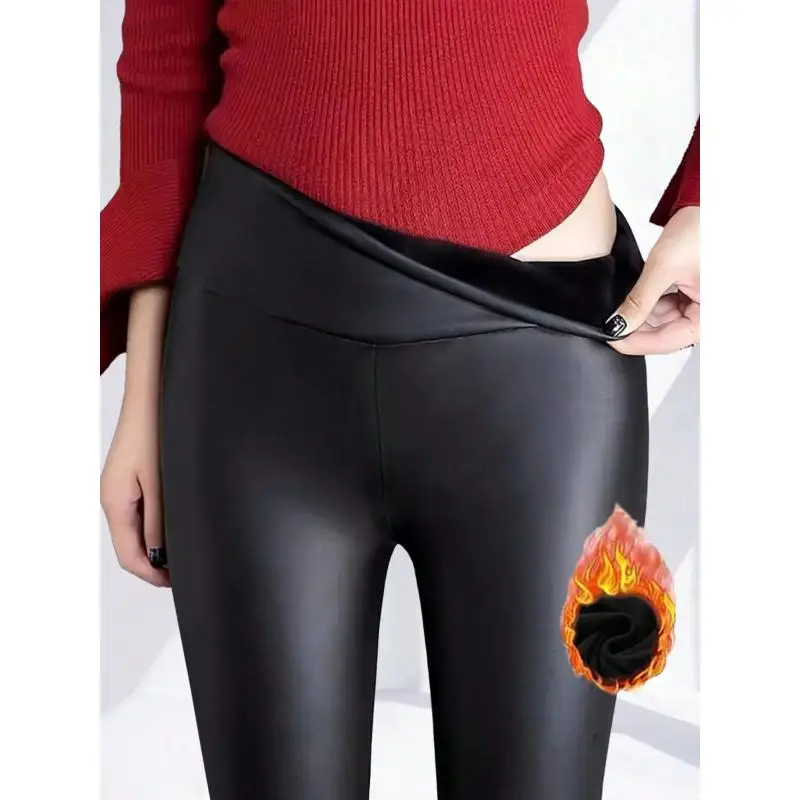 New Explosions PU Pants Outdoor Trousers Fleece Lined High Waist Leggings Women Brown Color Slim Fit Thigh Elasticity Popular