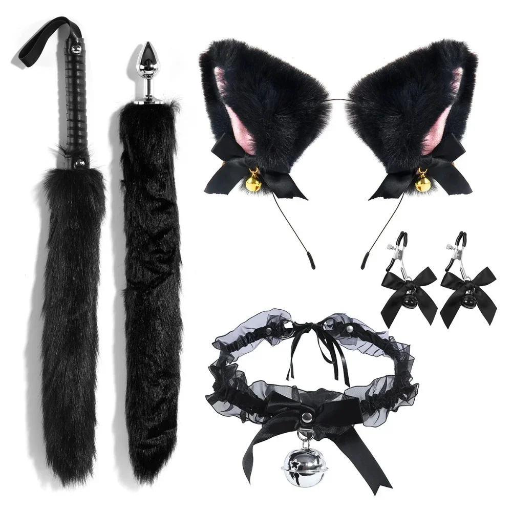 Traje de gata negra para mujer con cola, tapón anal, diadema con orejas de gato y lazo, collar y pinza para el pezón: un adorable y erótico disfraz para cosplay, un juguete sexual para prácticas de SM.