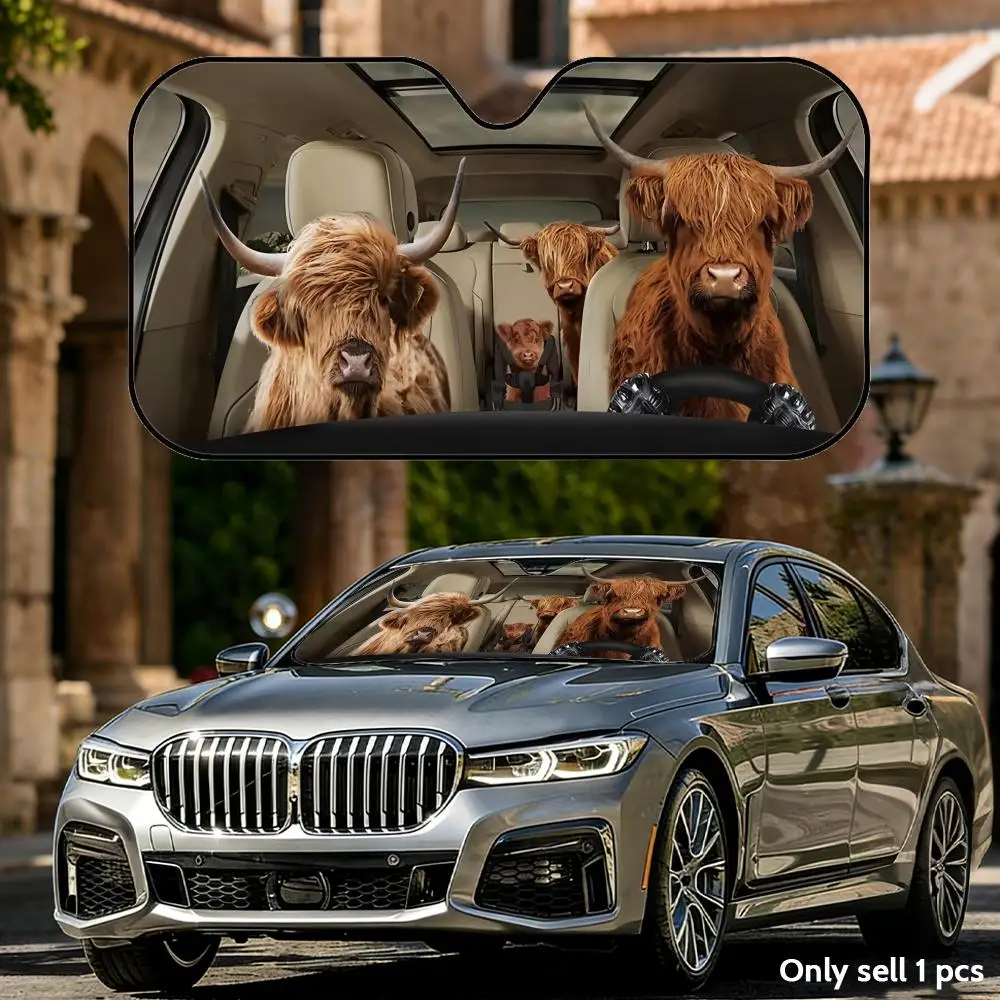 Cute Highland Cattle Sun Visor Foldable Universal Car Windshield Sun Shade UV Protection Heat Insulation Foldable Cover