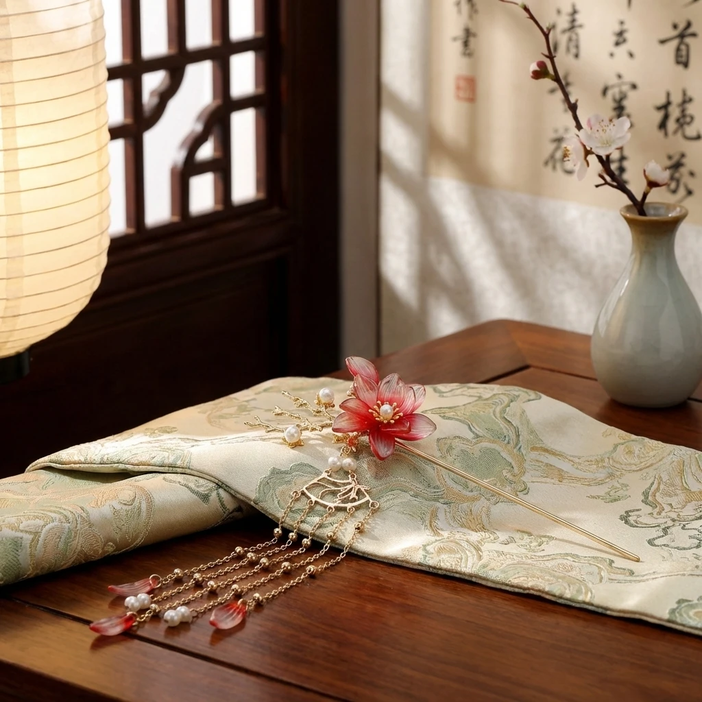 Retro Style Hairpin For Hanfu With Jade Like Flower Tassels Traditional Chinese Accessory