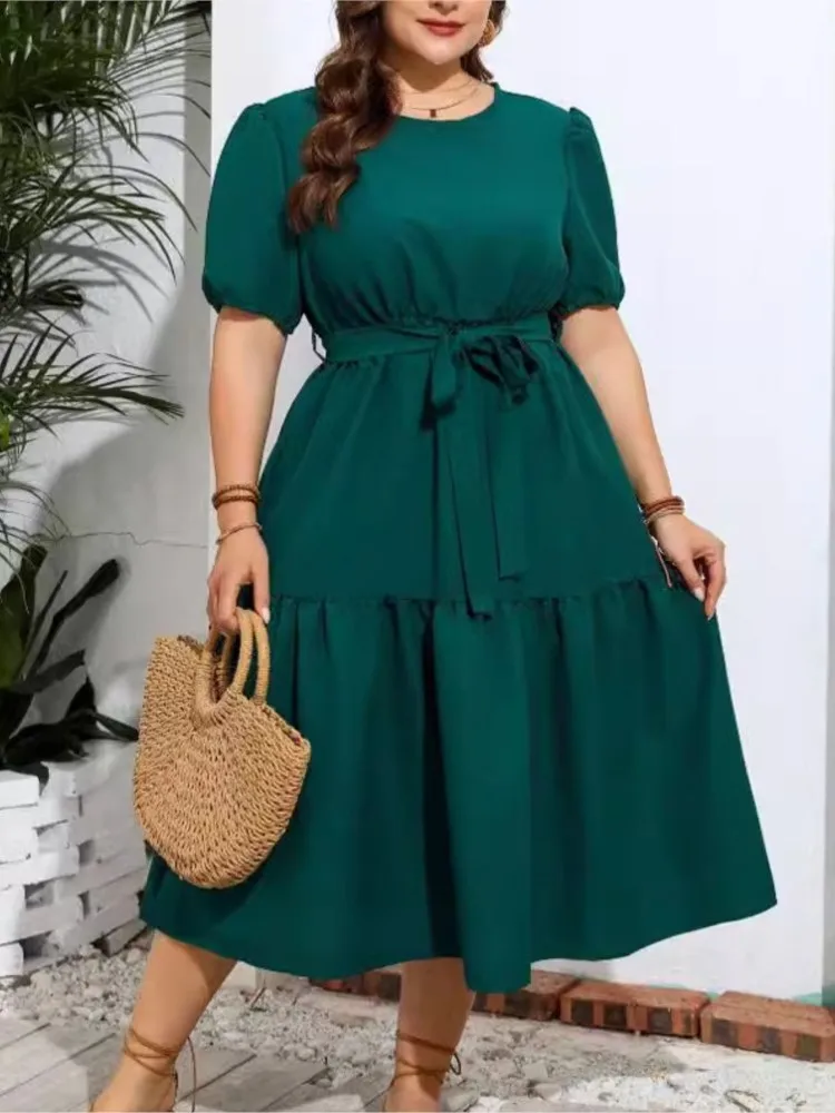 Plus Size Summer Midi Dress Women Short Sleeve Fashion Casual Loose Ruffle Pleated Ladies Dresses Elegant Woman Dress