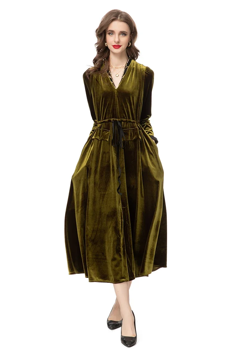 

Autumn Fashion Designer Women's V Neck Gold Vintage Velvet Dress with Beading Gathered Waist Slim A-Line Long Dresses