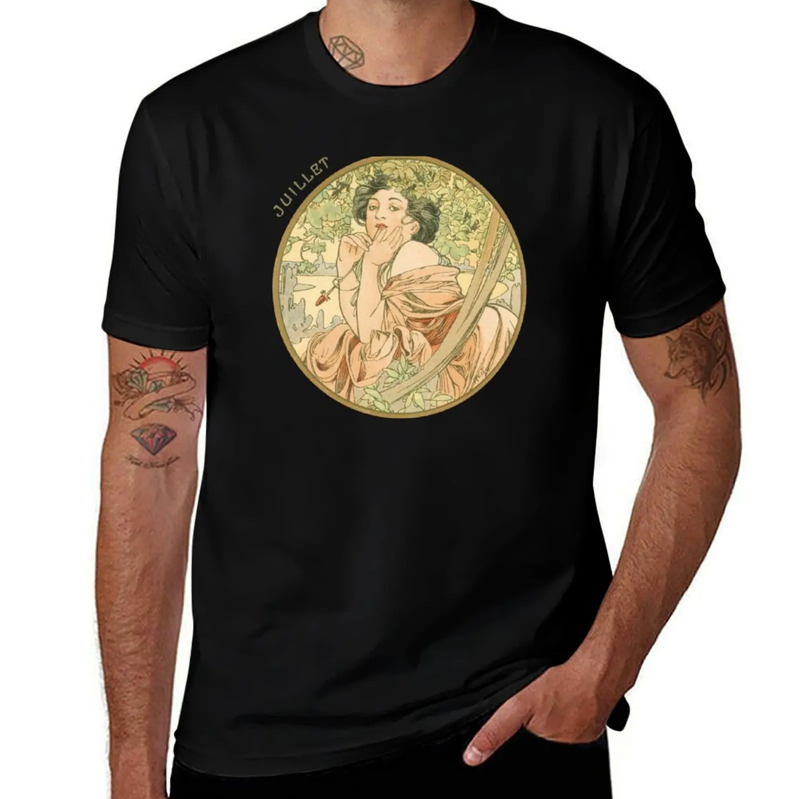 July - Art Nouveau - Alphonse Mucha - Vintage Art T-Shirt Comfortable Basic Crew Neck Tee T-Shirt
