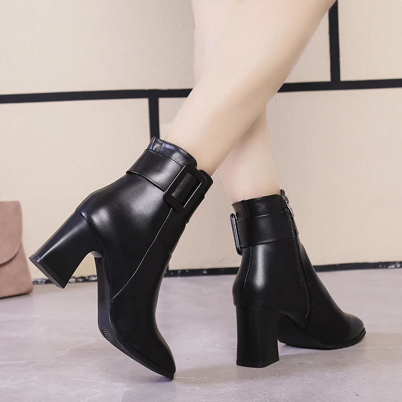 Ladies Ankle Buckle Decoration White Black Thick High Heel Ankle Boots Women 2022 Pointed Toe Keep Warm Elegant Short Booties