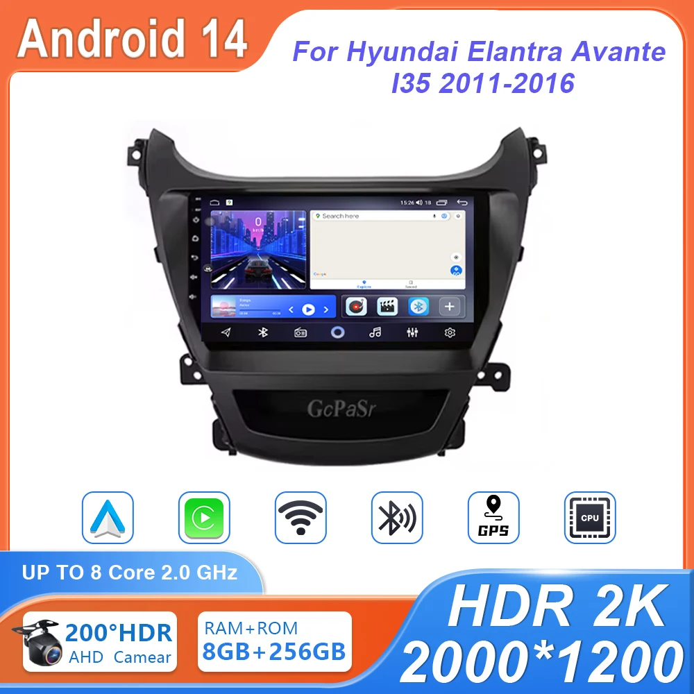 

Автомобильное радио Android 14 Carplay для HYUNDAI ELANTRA 2011 2012 2013 2014 2015 2016, мультимедийный стерео видеоплеер, навигация, GPS DSP
