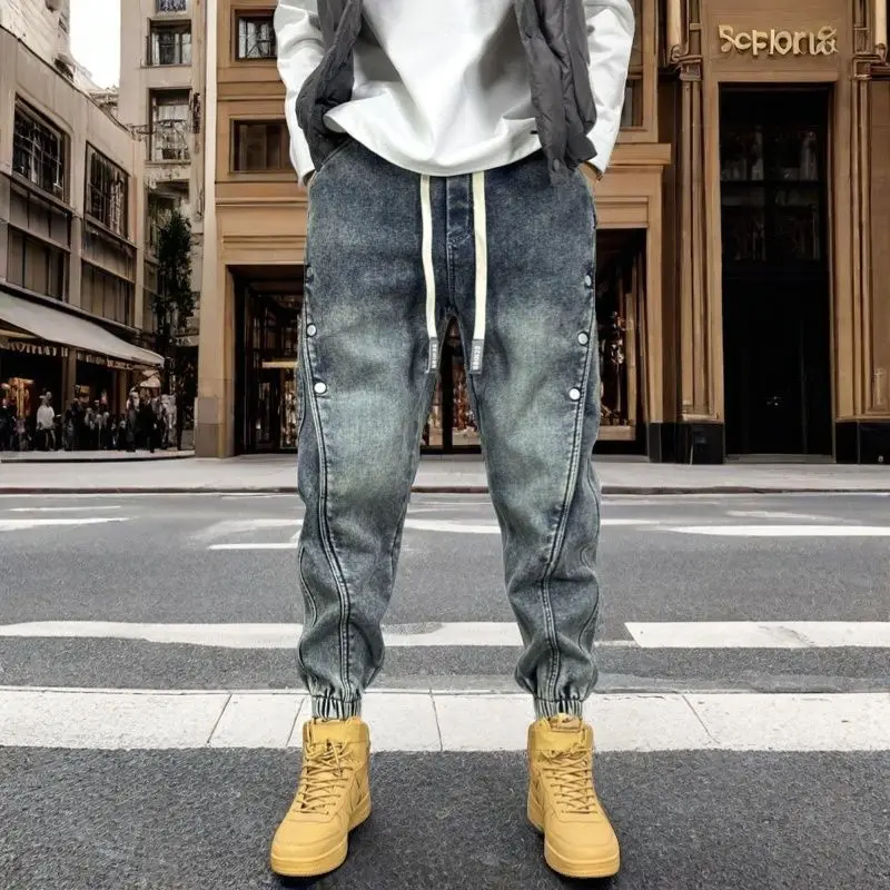 

Korean Luxury Clothing Vintage Washed Blue Denim Jeans Loose Fit Harlan Pants Button Closure Boyfriend Casual Trousers for Men