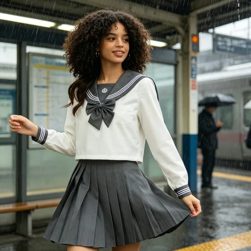 Grey Embroidered Sailor Suit, Navy Collar Top, Bow Accessory, Grey Short Skirt, Gentle and Sweet, College Style Student