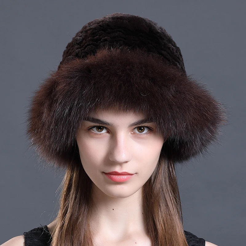 Free Shipping Cheap and Warm Ladies Elegant Hats Fox Fur Trim Real Rex Rabbit Fur Hat CX-C-02B