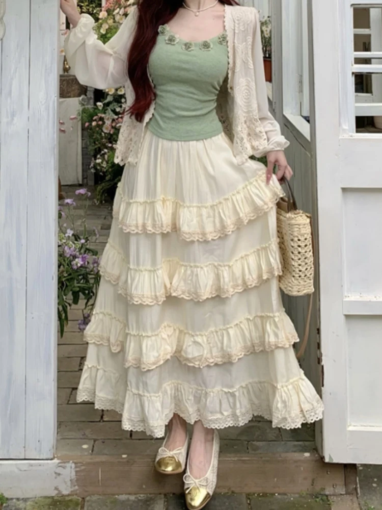 Midi Long Skirt Womens Ruffle Skirt Beige 2024 Goth Lolita Spring Summer High Waist High Low Layer Ruched Ball Gown Skirts rok