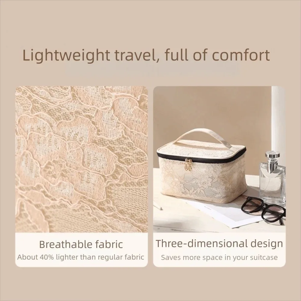 Elegant Solid Color Lace Makeup Bag Large Capacity with Handle Cosmetic Storage Bag Breathable Floral Toilet Bag Women