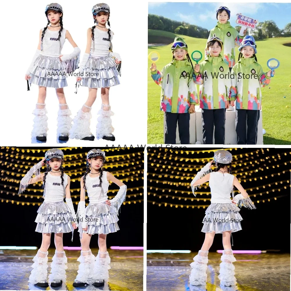 

Cosplay Shiny Silver Crop Top and Tiered Skirt Set Girls Hip Hop Kpop Streetwear Dance Costume for Kids