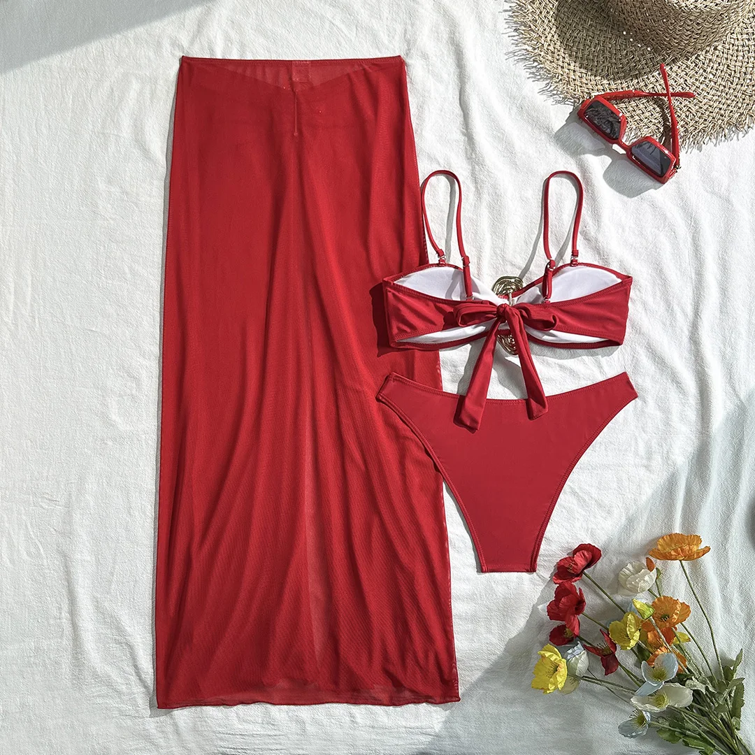 Neu mit Rock, Metallring, brasilianischer Bikini, Damen-Badeanzug, Damen-Bademode, dreiteiliges Bikini-Set, Badeanzug, Badebekleidung, Schwimmbekleidung V6990 – Detail 11