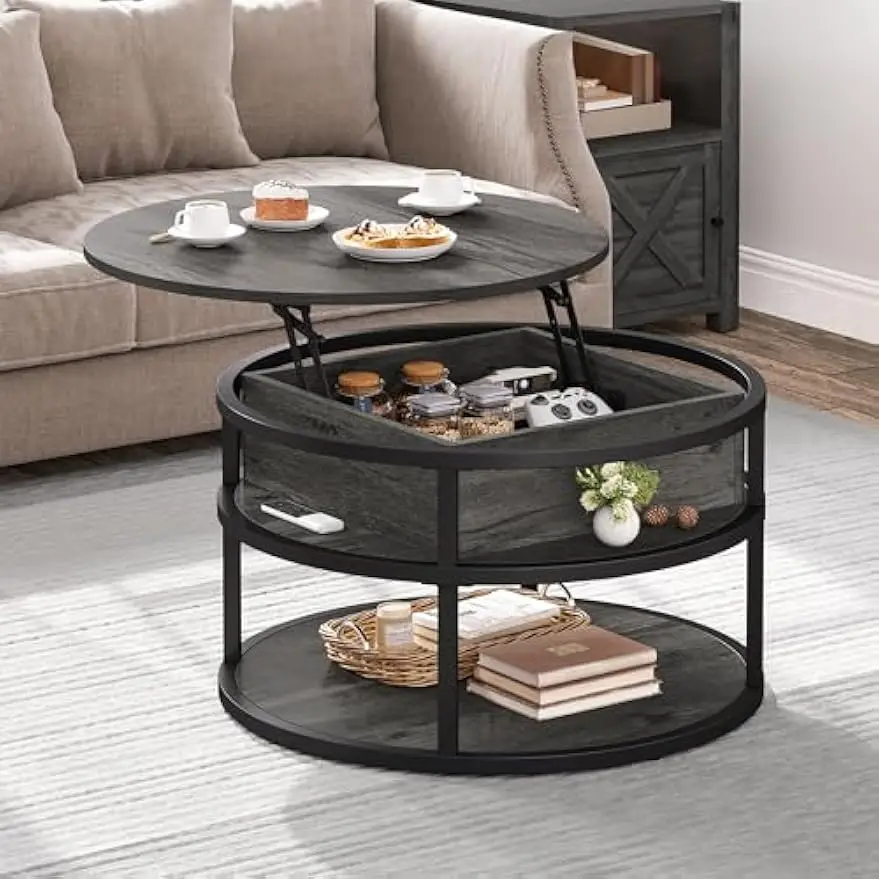 Round Coffee Table, Circle Lift Top Coffee Table, Coffee Tables for Living Room with Storage,  , Grey