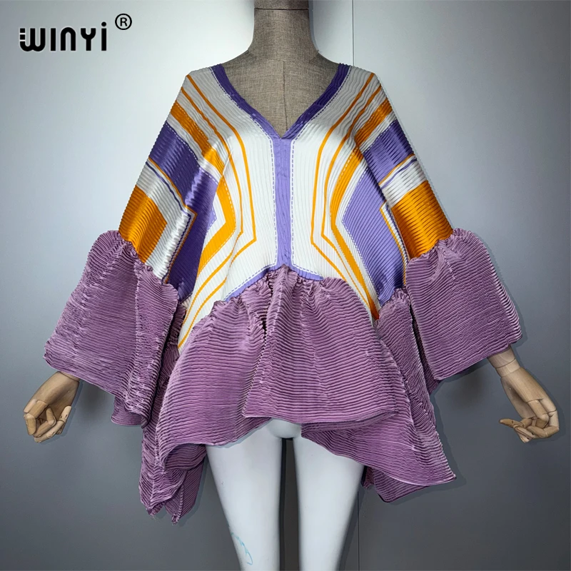WINYI Haut plissé élastique décontracté pour femme, style Kawaii, veste africaine, t-shirt de plage d'été, robe de soirée