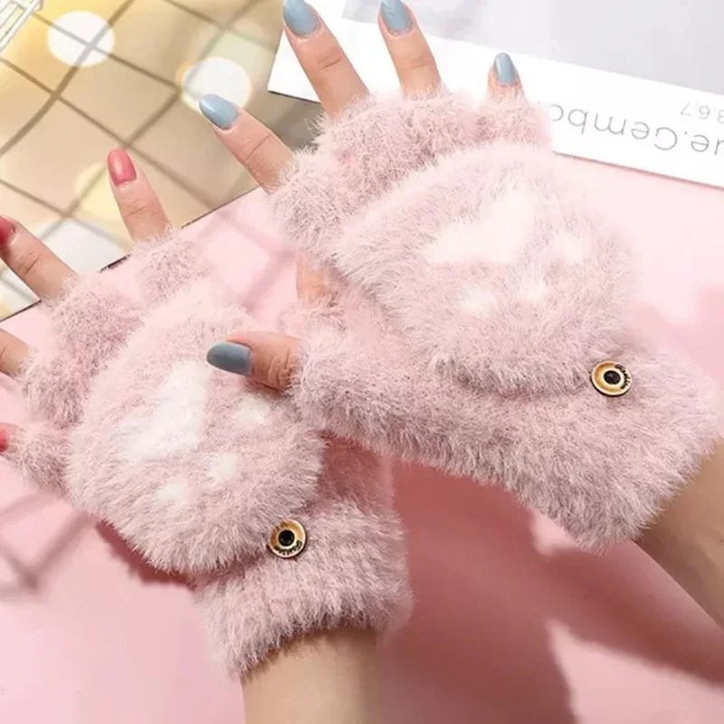 

Female Warm Knitted Half Finger Flip Gloves Women Cute Cat Paw Plush Gloves Fashion Knitted Woolen Autumn Winter Thick Gloves