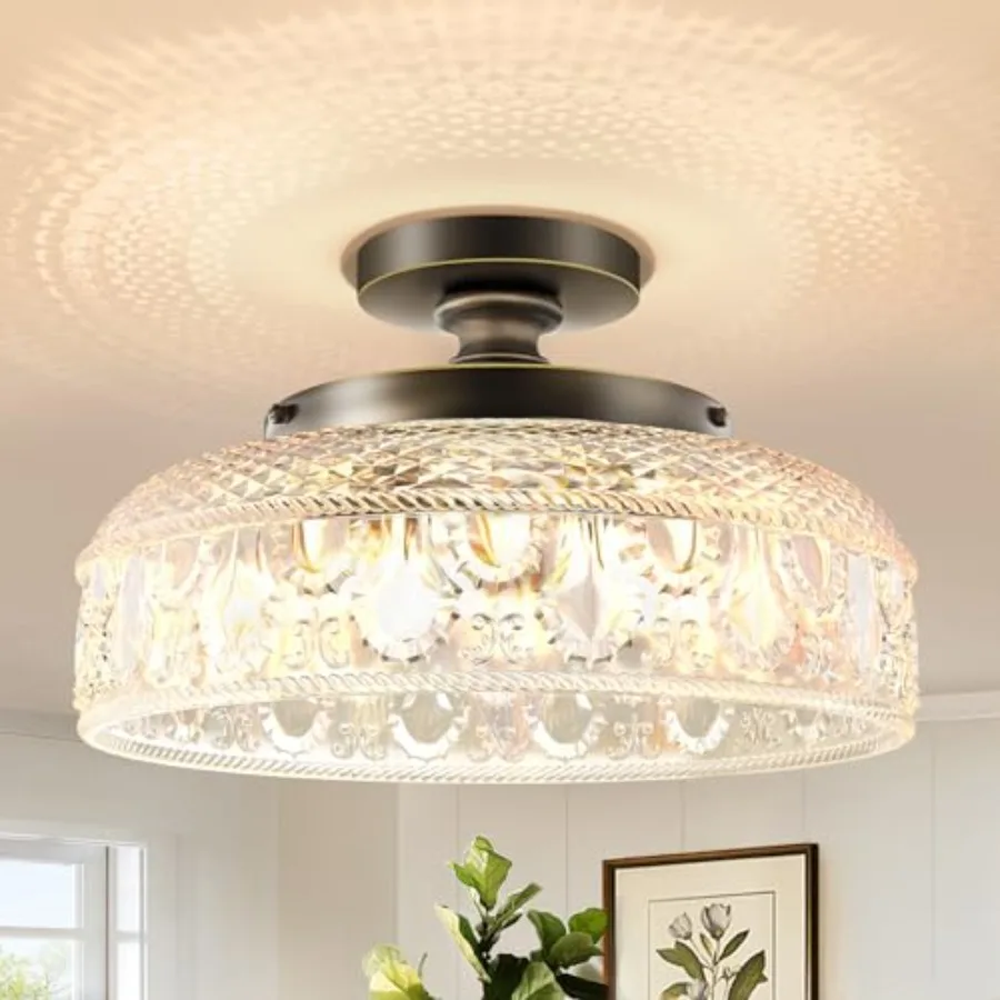 

Semi Flush Mount Ceiling Light, Upgraded Larger 12 Inch Hallway Light Fixture, 3 Light Globe Glass Close to Ceiling Scone, Indo