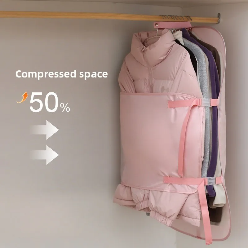 Solid Color Foldable Clothes Compression Storage Bag With Hook for Wardrobes Portable Down Jacket & Coat Dust Cover For Travel
