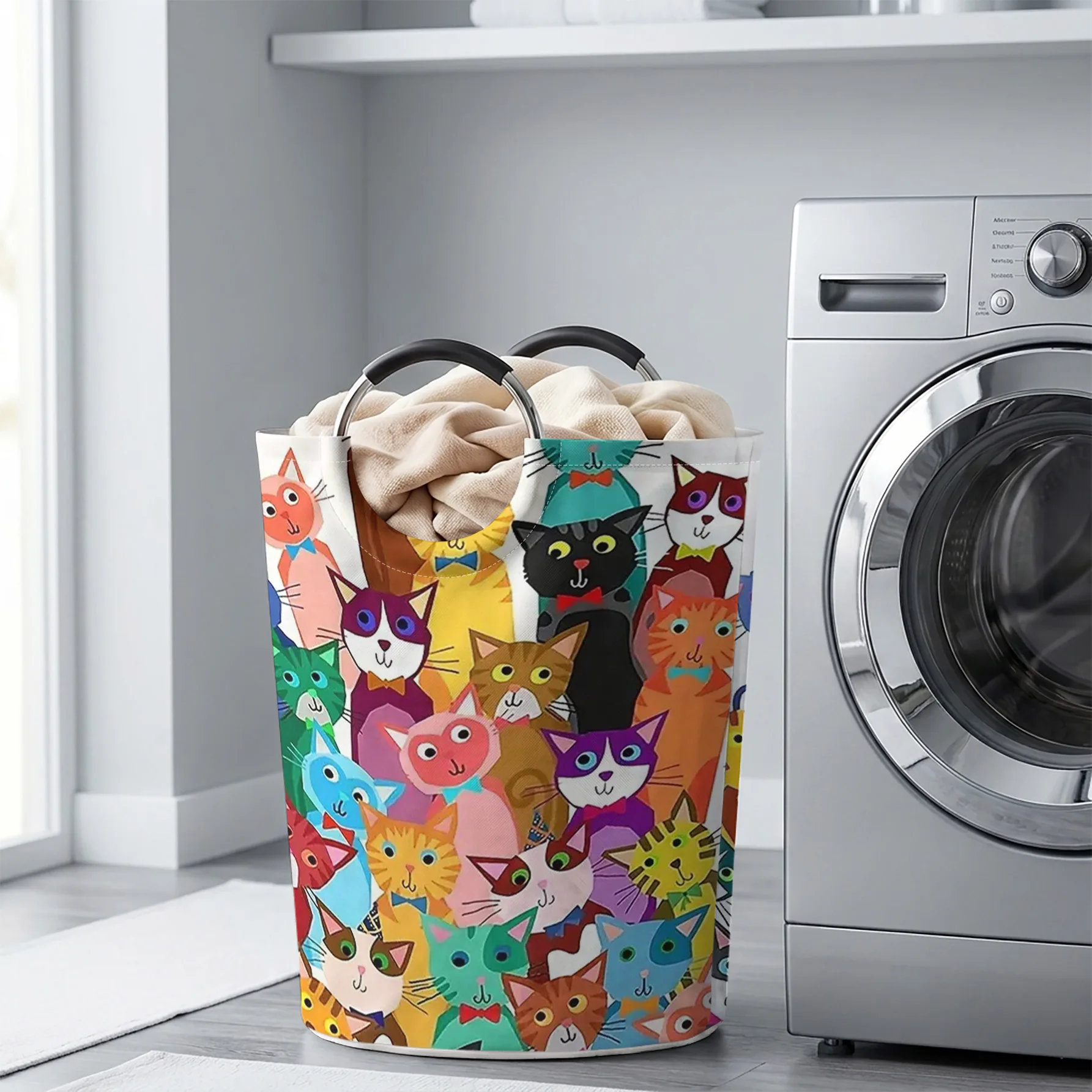 Cartoon Colorful Cats Group All‑Over Print Handheld Storage Basket, For Laundry, Bedroom & Home Sundries Storage