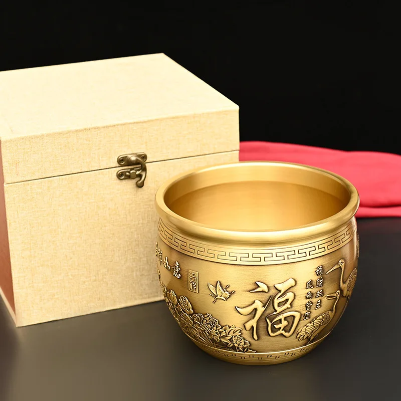 Brass Hundred Blessings Longevity Water Cylinder Ornament Copper Treasure Bowl