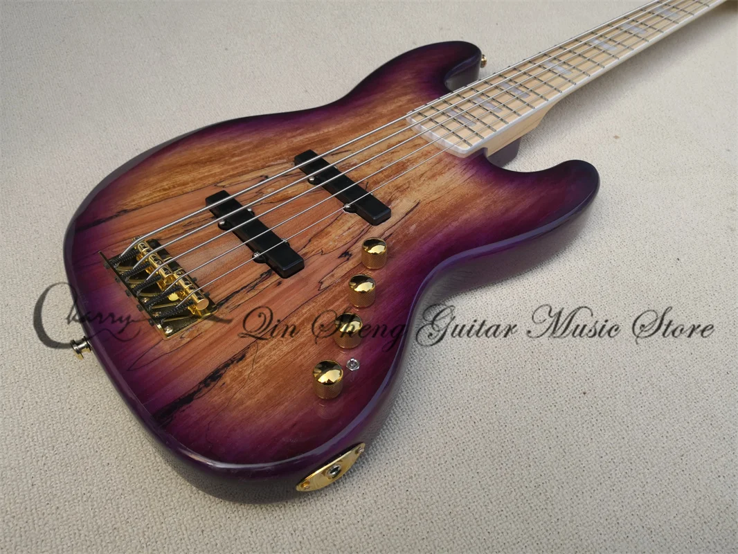 5 strings purple bass guitar jb bass fixed bridge spalted maple top gold tuners active battery maple neck