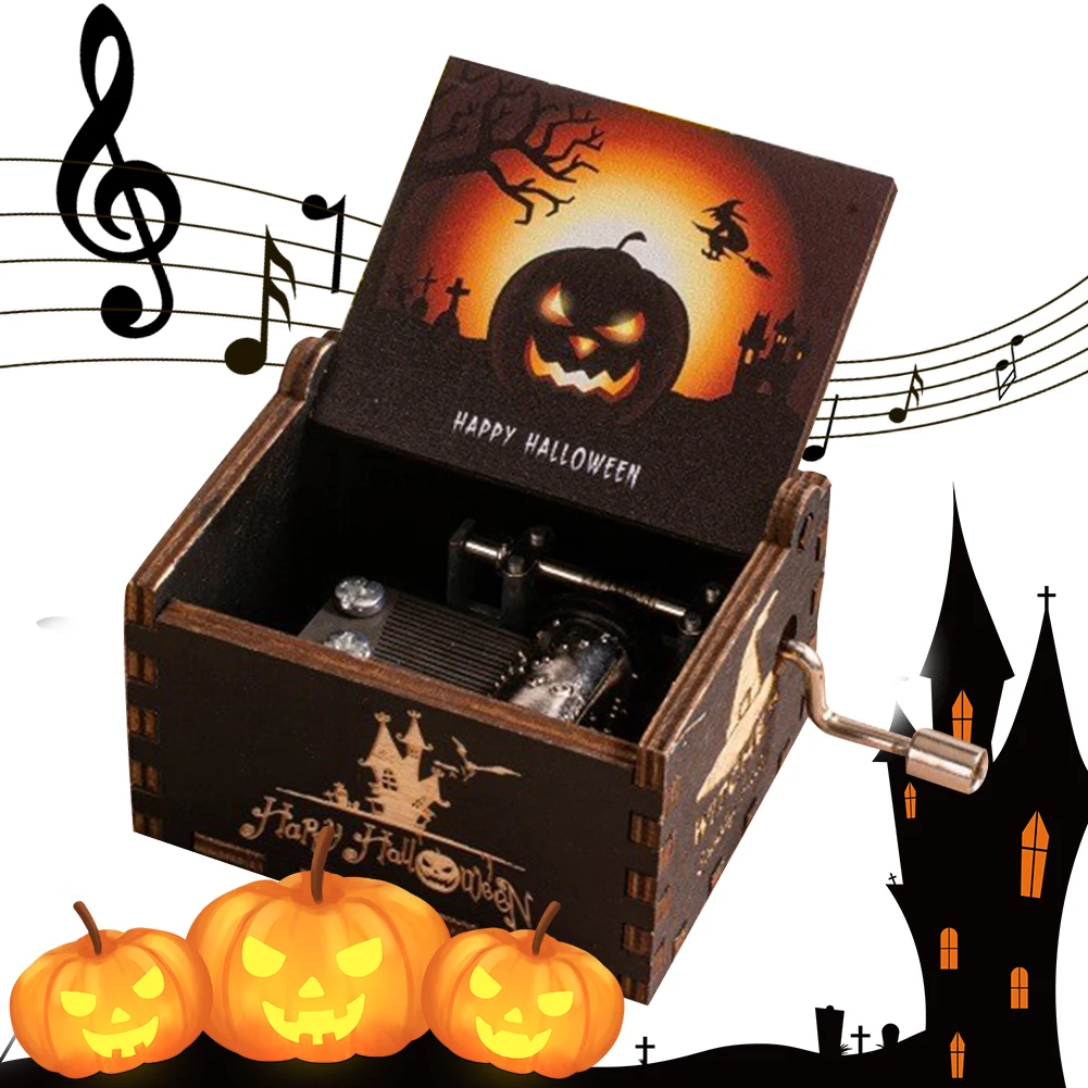 Halloween Wooden Antique Engraved Musical Box Fright Night Musical Box Engraving Nightmare Musical Box for Halloween Party