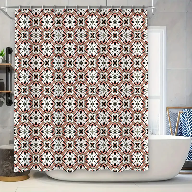 

Geometric Shower Curtain with Decorative Patterns Black White Bath Accessories Set for Home Decoration (Red)