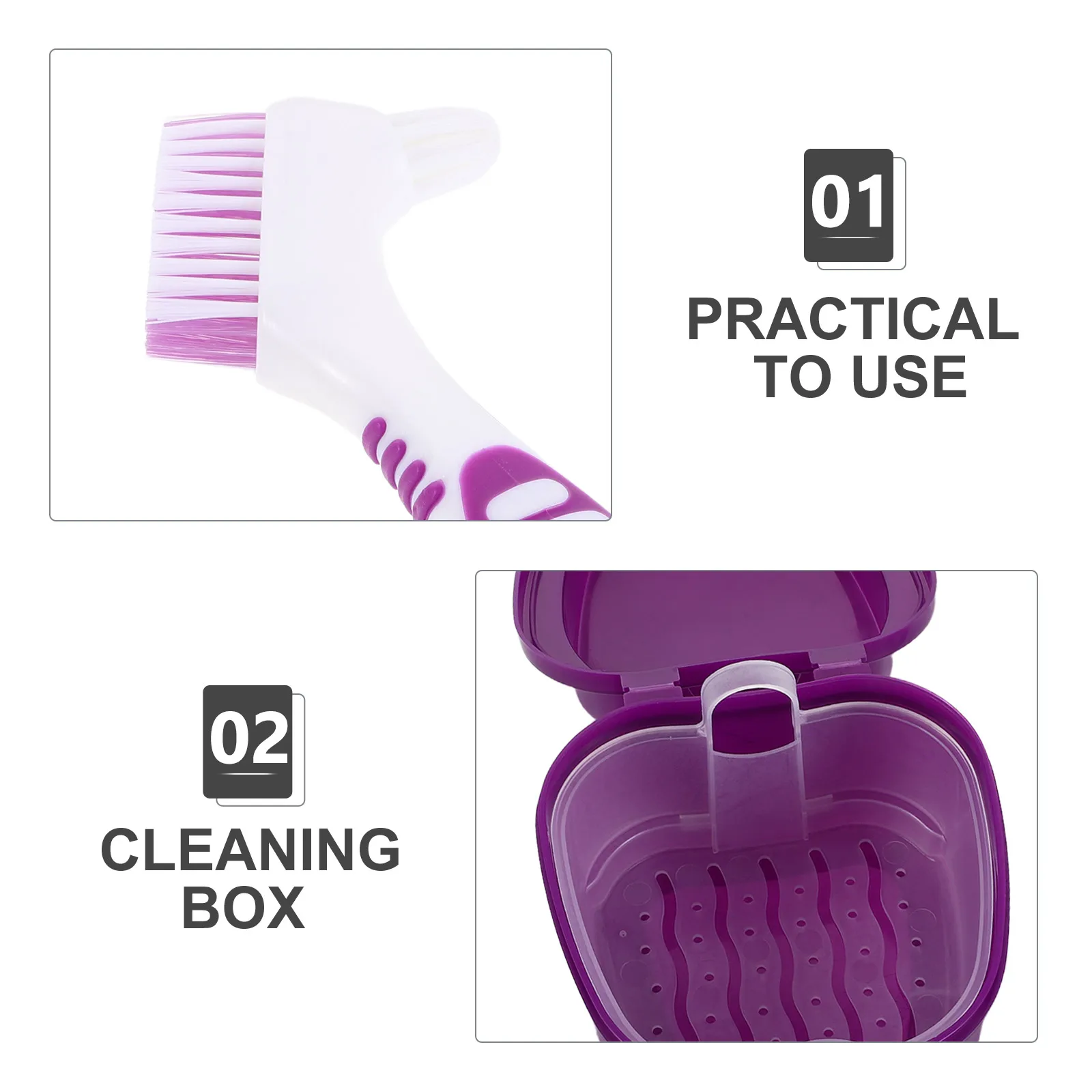 1 مجموعة طقم العناية بالأسنان الأرجواني مزدوج الوجهين تنظيف فرشاة كاذبة الأسنان صندوق تخزين السفر طقم أسنان الأقواس المنظم نقع