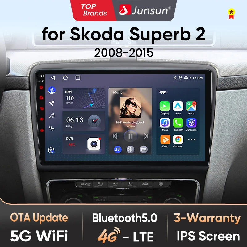 Junsun AI 4G LTE Wireless CarPlay Android Auto Autoradio für Skoda Superb 2 2008 2009 2010 2011 2012-2015 GPS Navi BT DSP RDS FM