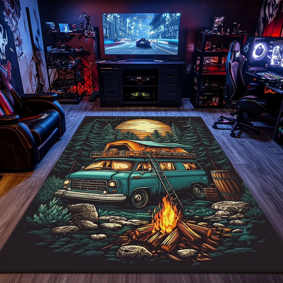 

Camping van forest fire crystal velvet rug outdoor adventure theme living room carpet nature landscape design cozy home decor