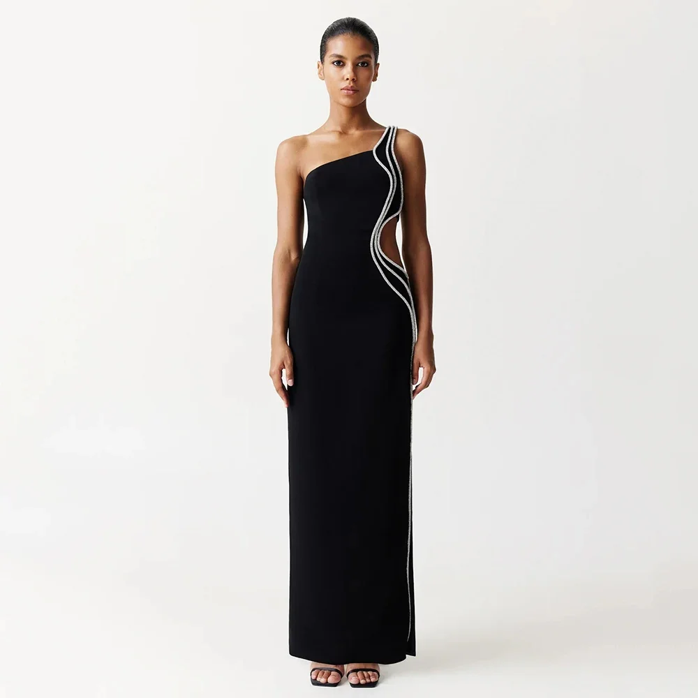 

2024 New Summer Women's Sexy One Shoulder Hollow Embroidered Black Maxi Bandage Dress Elegant Celebrity Party Evening Dress