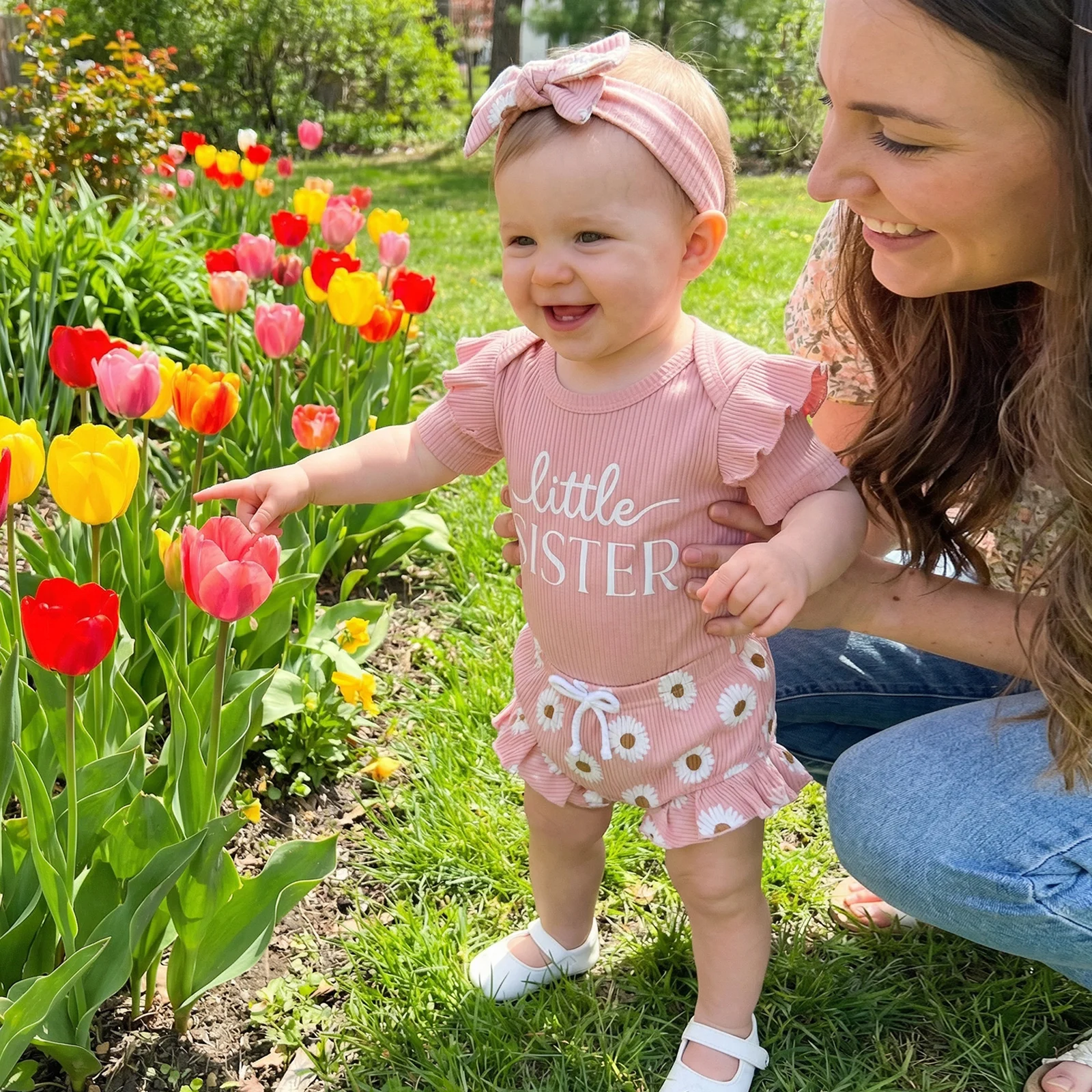 Baby Girls Summer Outfits Ruffle Short Sleeve Romper + Daisy Print Shorts + Headband Set Infant Clothes