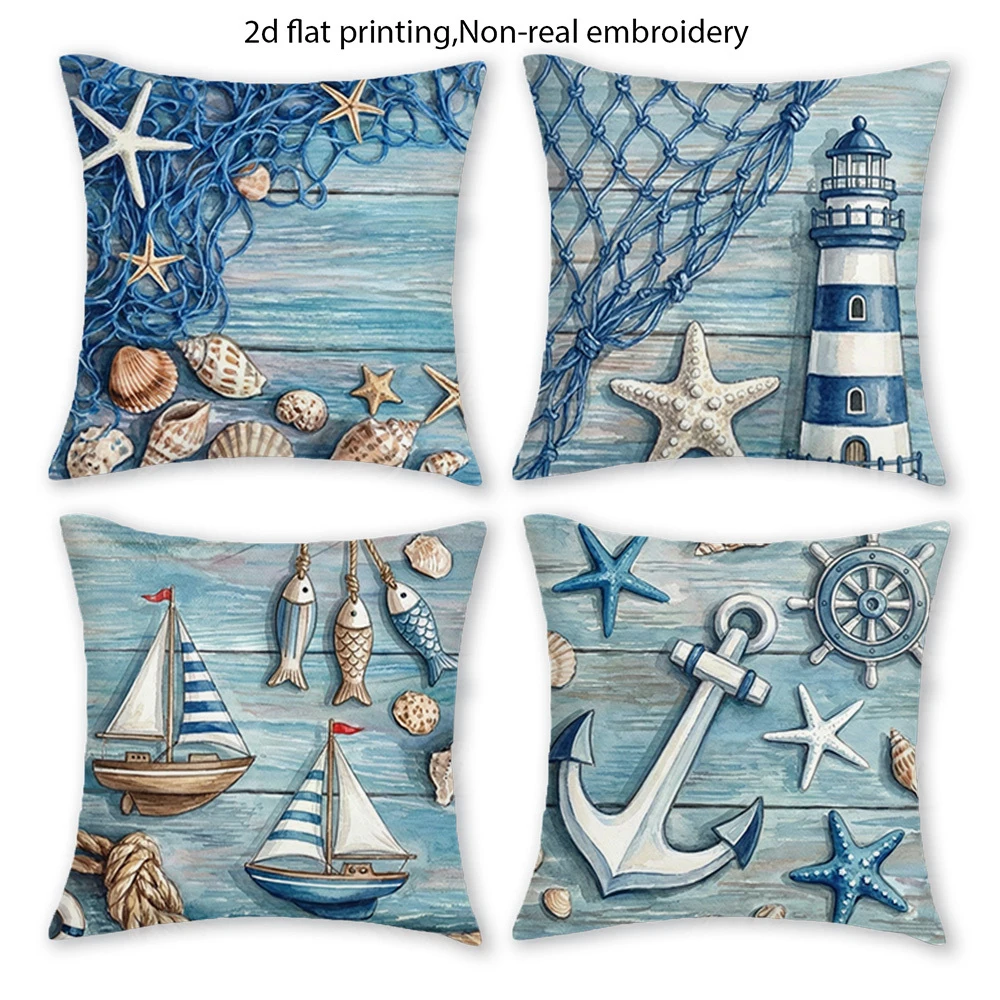 1/4pcs Nautical Farmhouse Coastal Throw Pillow Cover with Sailboats and Fishing Decor Home farmhouse decoration cushion cover