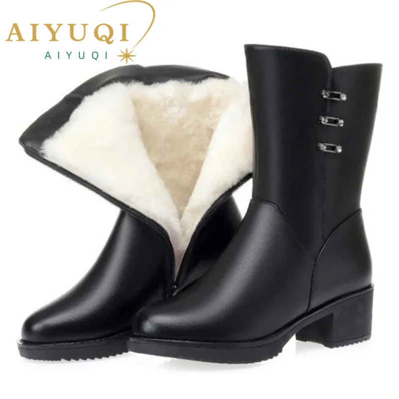 AIYUQI Women Winter Boots Wool 2024 New Genuine Leather Mid-high Boots Women Mid-heel Large Size Women Snow Boots