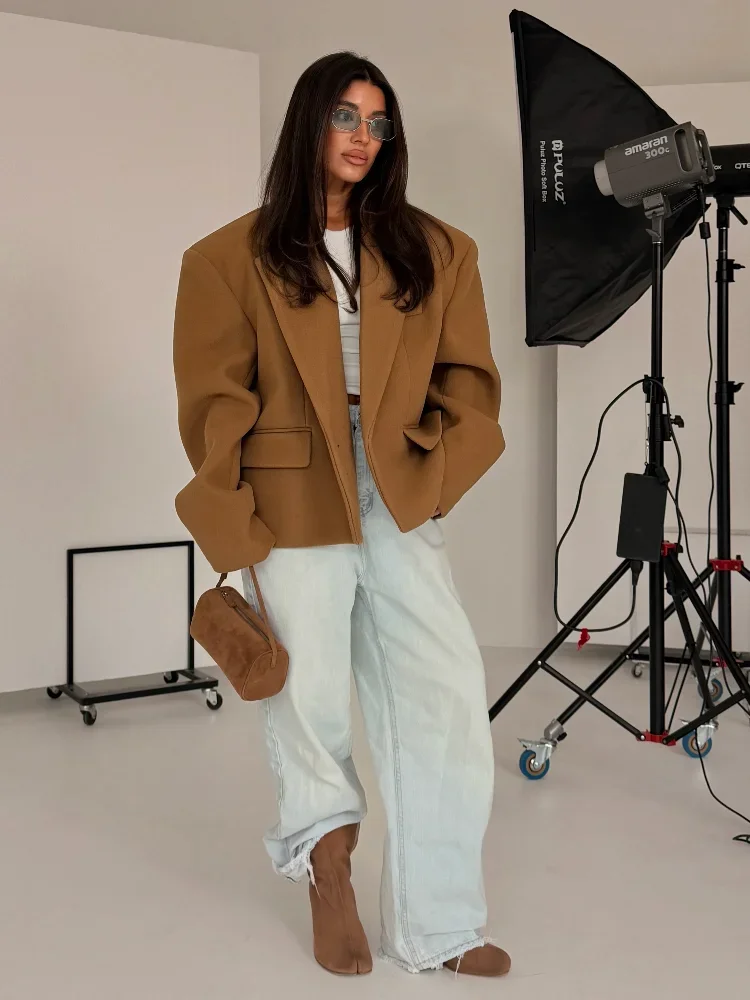 Womens Camel Slouchy Blazer Wide Lapel Open Front Pockets Overcoat 2026 Autumn Winter Office Business Casual Streetwear Wear