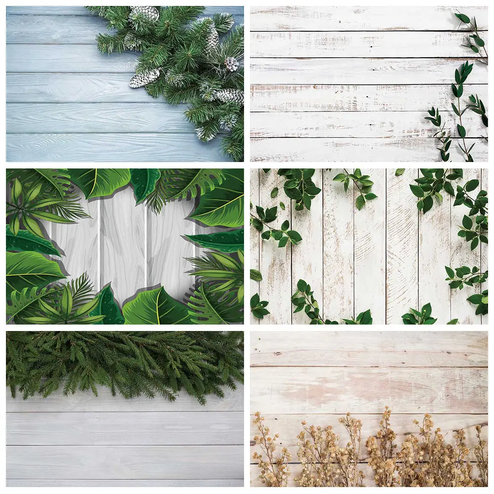 

MOON.QG White Wood Board Plank Green Leaves Backdrops for Photography Birthday Decoration Wedding Background Baby Photo Zone