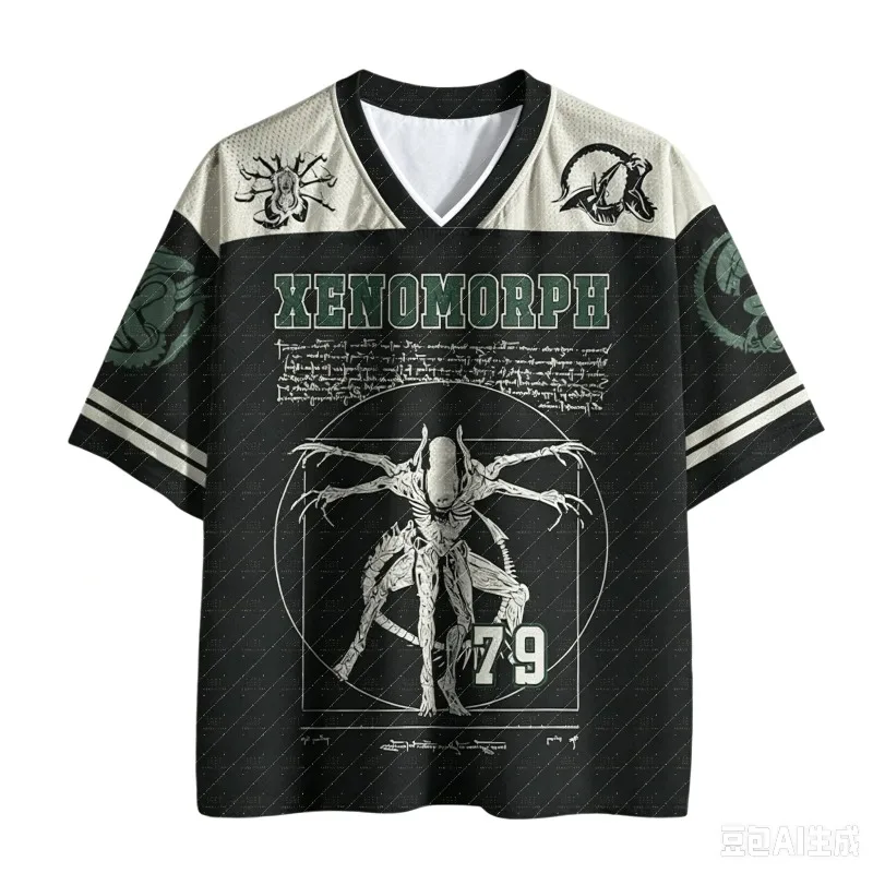 2026 New Loose V Neck Football Jersey Retro Sci-Fi Creature Sketch Number 79 Print Black Beige Striped Short Sleeve Sports Top