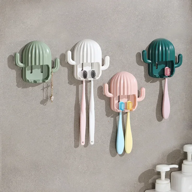 Wall Self-adhesive Storage Toothbrush Rack Wall-mounted Organizer Cactus Hook Drain Shelf Bathroom Tools Organizer