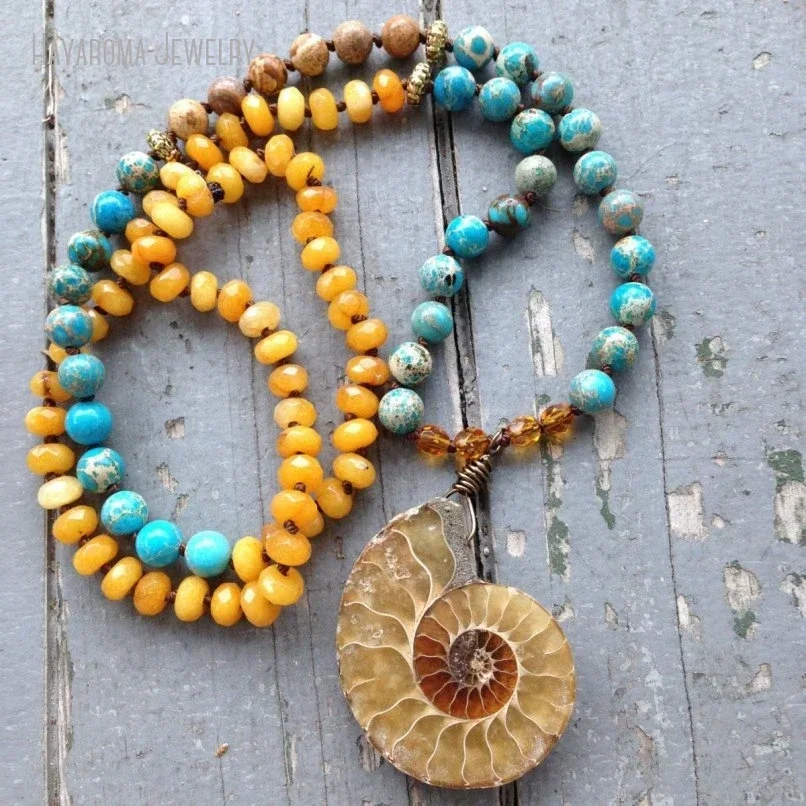 5pcs Bohemian Necklace Vibrant Sea Sediment Jasper Beads Hand Knotted Ammonite Pendant Tribal Boho Jewelry Vintage Collar