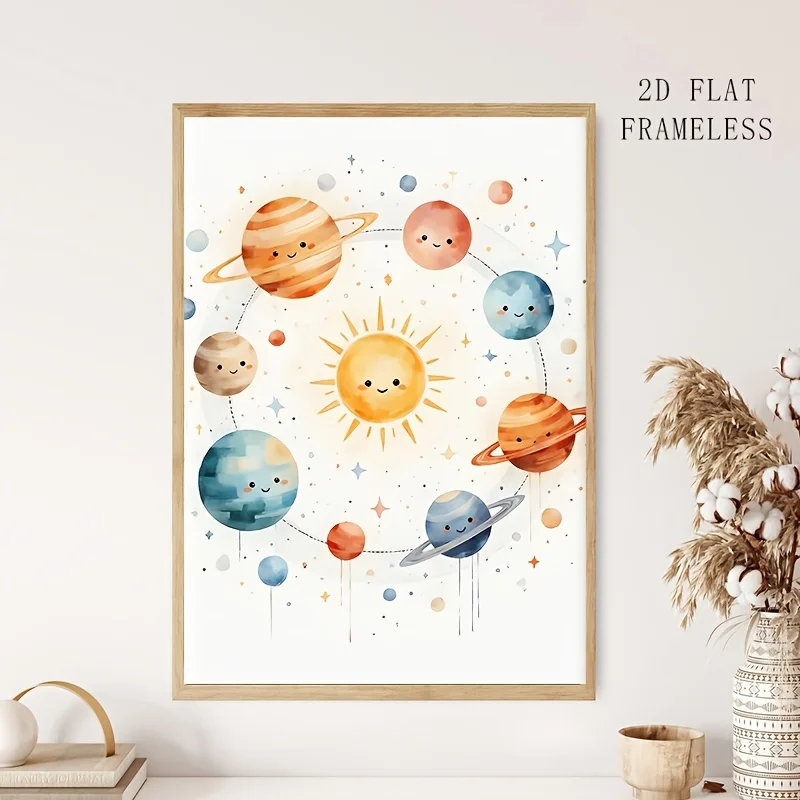 2D Flat, 2D Flat, 1pc, Frameless, Multi-Size, Posters And Prints, Canvas Painting; Room Solar System Wall Art - Cute Pastel P