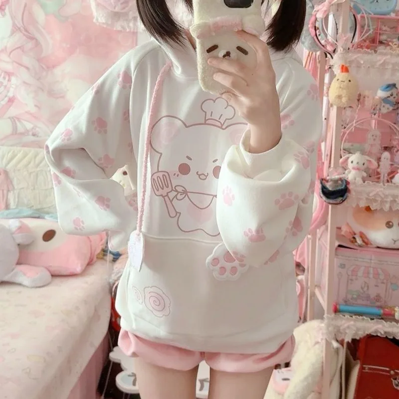 سترة بغطاء للرأس على شكل حيوان كاواي مع ديكور على شكل مخلب قطة، بلوفرات Y2K جميلة وقلنسوة للفتيات، ملابس عصرية كبيرة الحجم مطبوعة برسوم الرسوم المتحركة #6