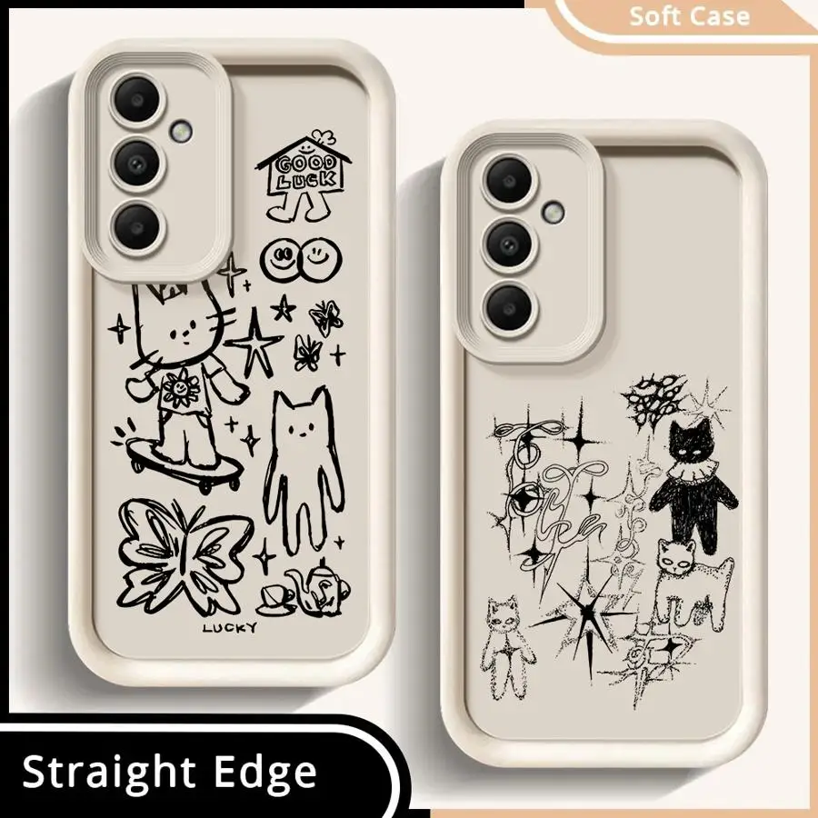 Phone Cover Case for Samsung Galaxy A23 A34 A56 A35 A36 A12 A13 A53 A54 A51 A73 A26 A32 A15 A16 A71 A72 Black Cat Sketch Kitten
