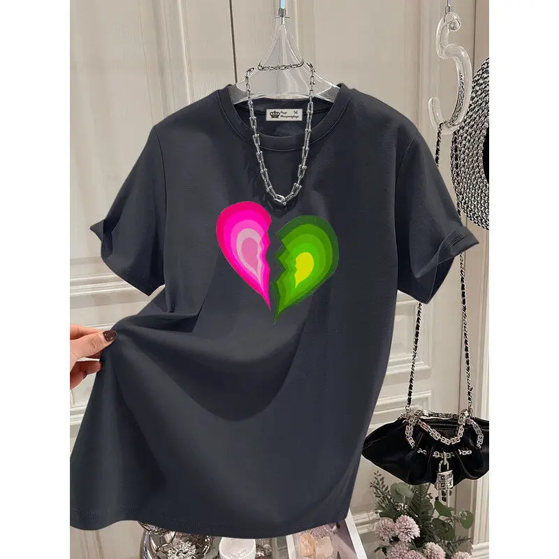 Women Clothing Fashion Hand-Painted Love Print T-shirts Summer Loose O-neck Short Sleeve Tee Office Lady Pure Cotton Basic Tops